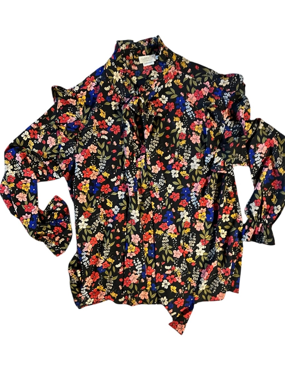 Black Floral Tie-Neck Ruffle Blouse